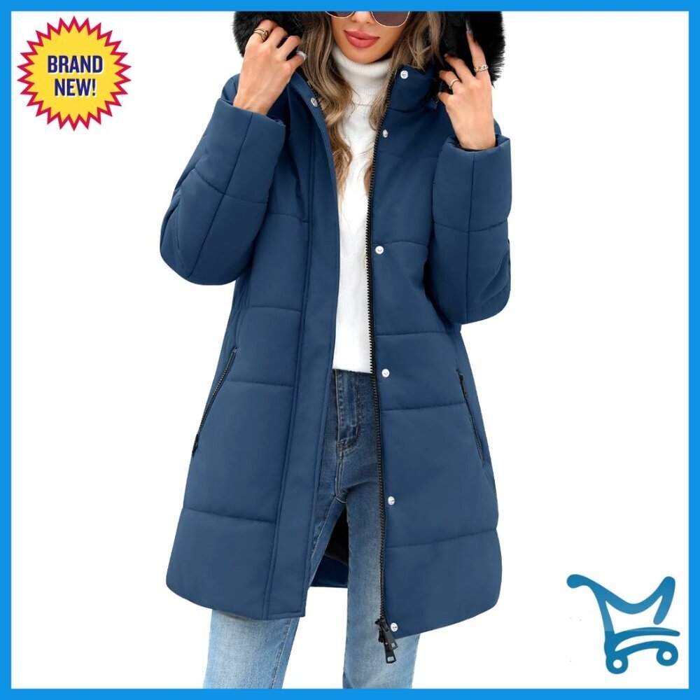 Quilted Puffer Jacket Winter Warm Fleece Parka Coat Detachable Hood Chic
